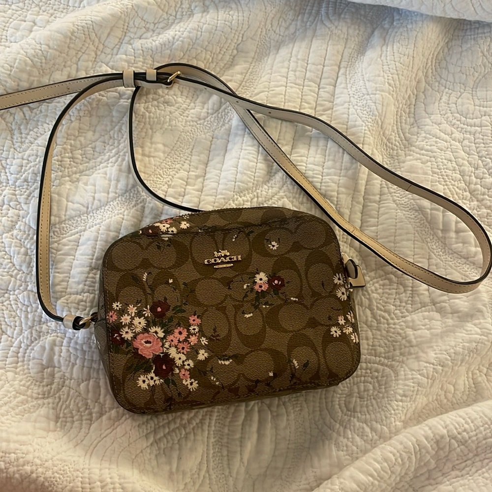 Coach Camera Bag with floral print and gold hardware